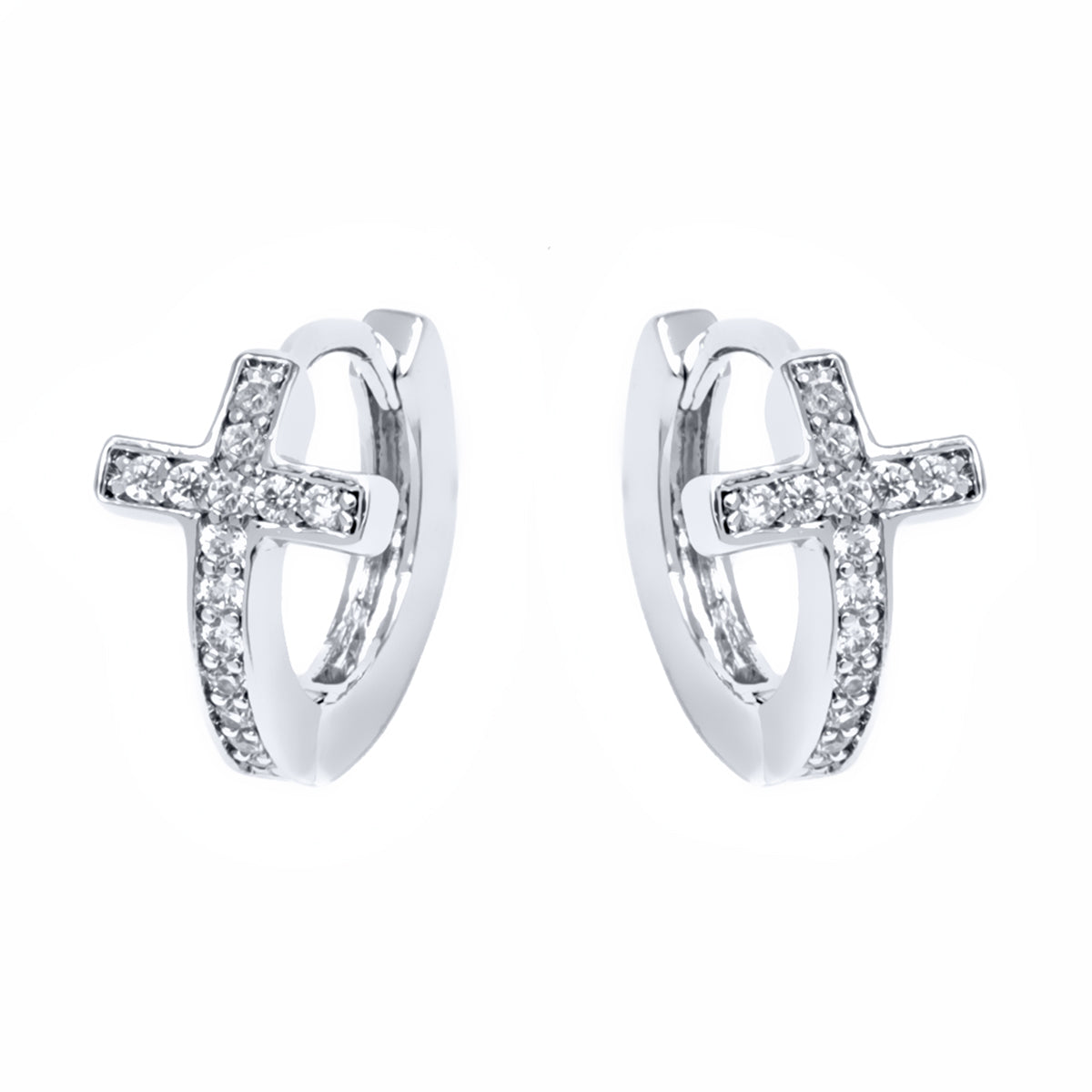 14K Gold Cross Huggie Earring with Genuine Crystals