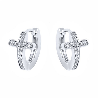 14K Gold Cross Huggie Earring with Genuine Crystals