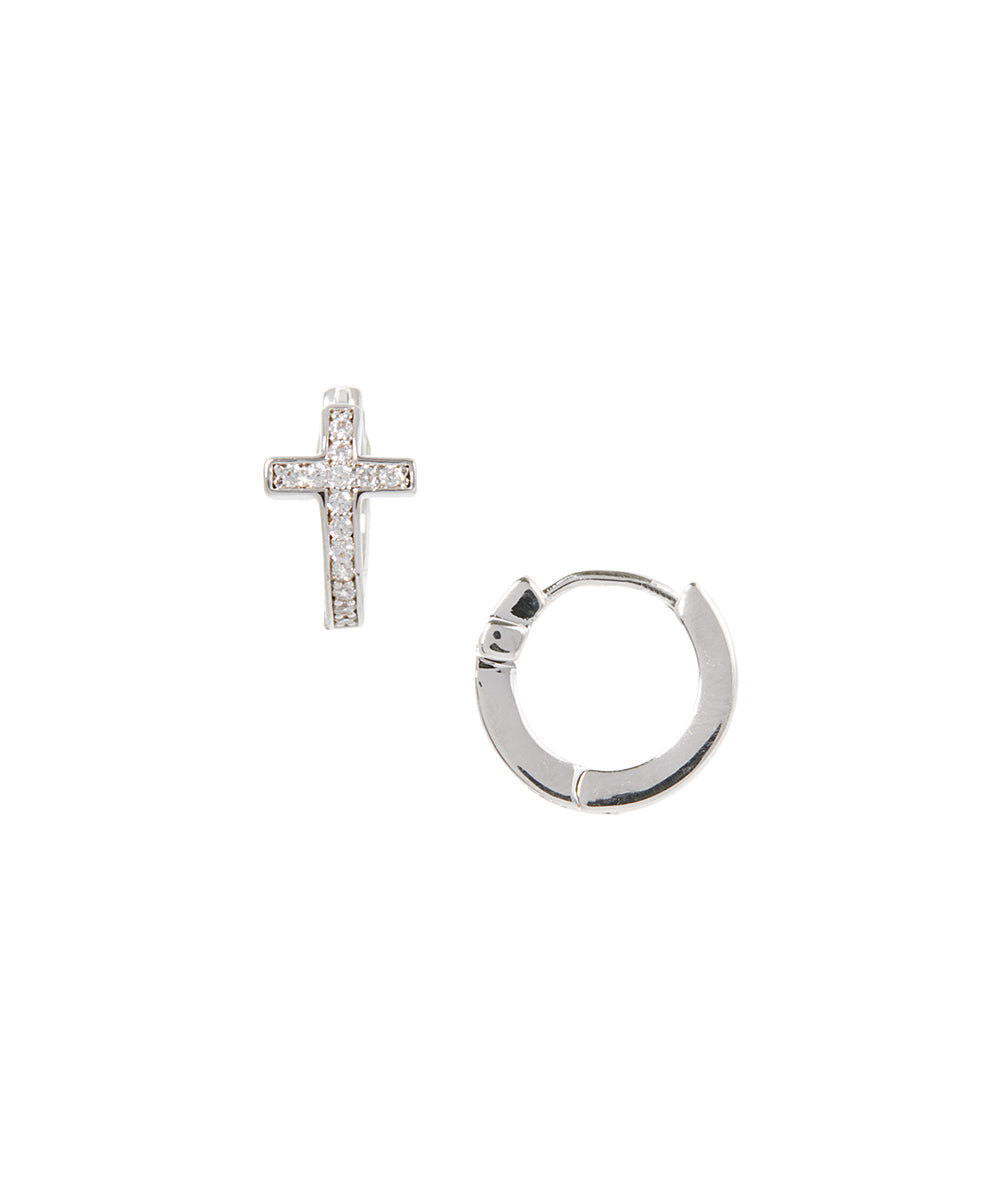 14K Gold Cross Huggie Earring with Genuine Crystals
