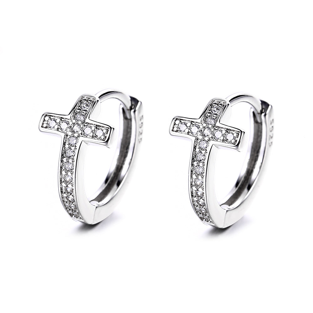 14K Gold Cross Huggie Earring with Genuine Crystals